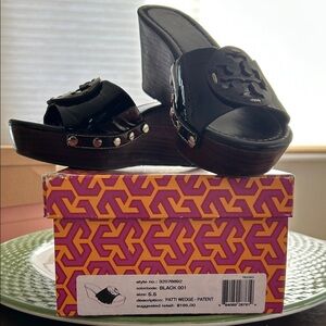 Tory Burch Black Patent Wedge Mules